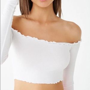 Forever 21 white long sleeve lettuce edge off the shoulder crop top